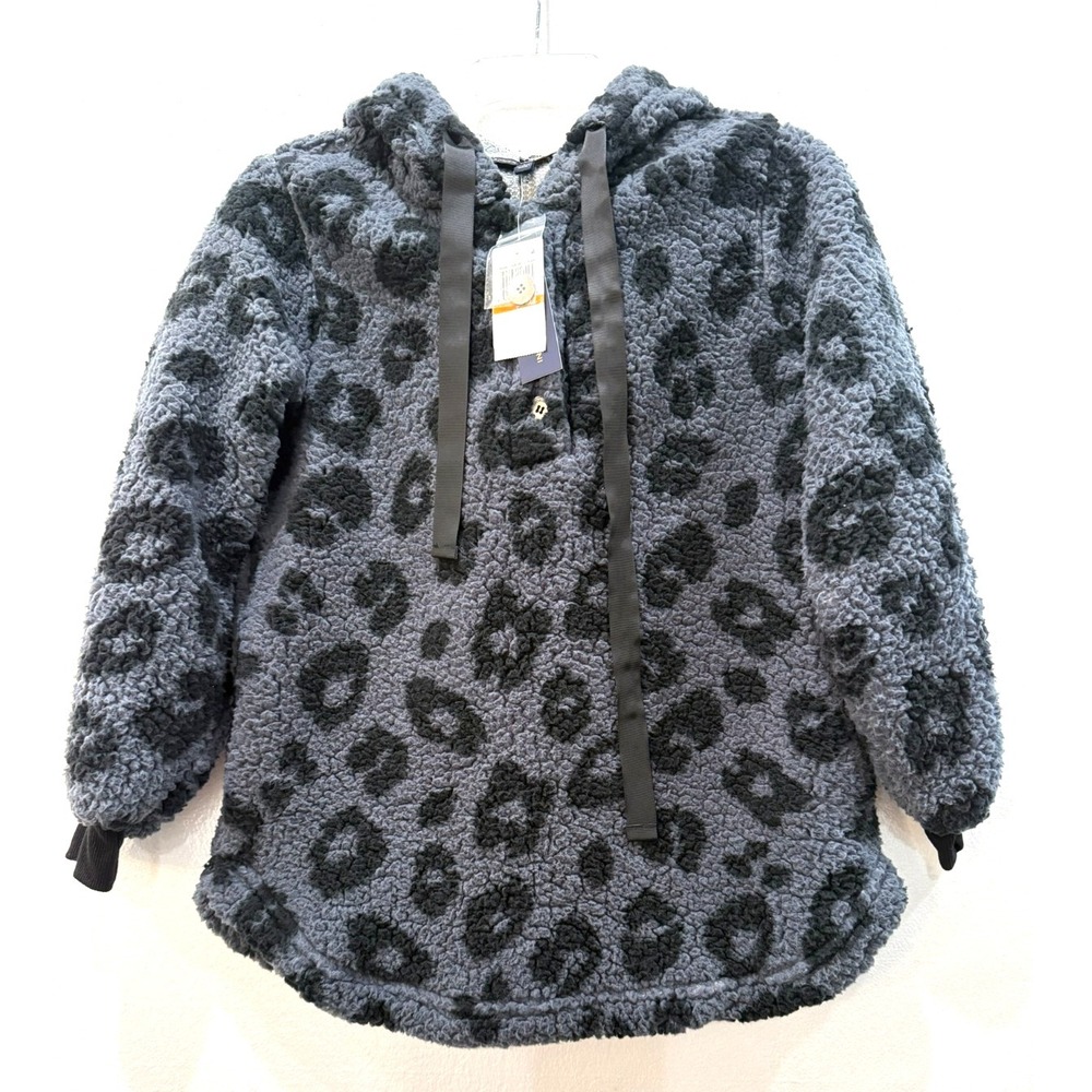 NWT Adrienne Vittadini Size Small Black Grey Leopard Soft Fuzzy Hooded Pullover